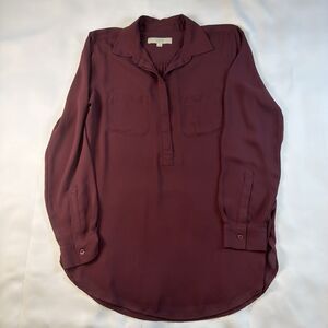 LOFT Maroon Long Sleeve Half Button Blouse Women’s Size S Burgundy Work Boho